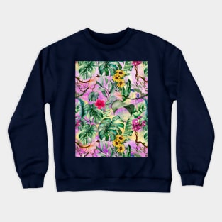 Cute tropical floral leaves botanical illustration, tropical plants,leaves and flowers, pink purple leaves pattern Crewneck Sweatshirt